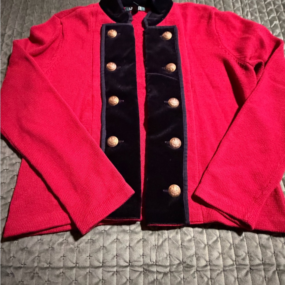 Lauren Ralph Lauren red knit military cardigan black velvet gold buttons XL VTG - Picture 2 of 8
